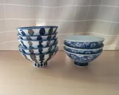 黒金模様の 飯碗 5個と青い花柄の 飯碗 3個 計8個のセット 花山 茶碗