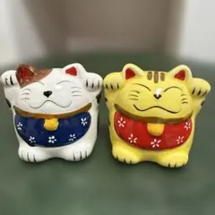 招き猫 置物 2体セット ペア 陶器製
