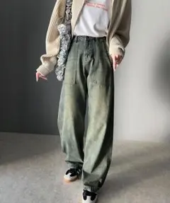 《JAVAジャバコラボ》ヴィンテージ加工ハイウエストベイカールーズデニムパンツ