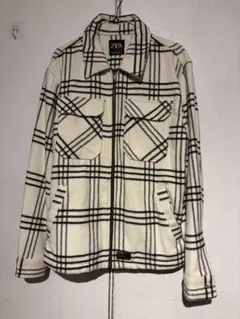 ZARA アイボリー ブラックチェック フリースジャケット（1）