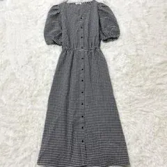 コルザ ギンガムチェックワンピース 半袖 ウエストリボン 黒白 M ふんわり袖