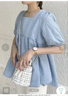 水色　スクエアネック　バッグリボンペプラムトップス