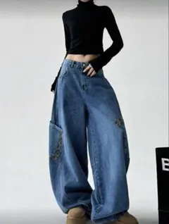 レトロなヒョウ柄ジョイント曲げデニムの新デザイン感ストレートワイドパンツ