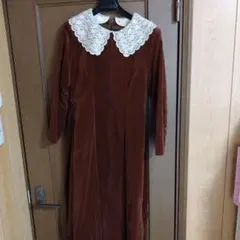 L'EST ワンピース　ブラウンベルベット　レース襟レトロ　秋冬　日本製