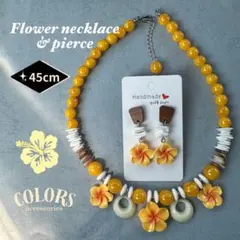 プルメリアとサークルモチーフネックレス&ピアス／黄色