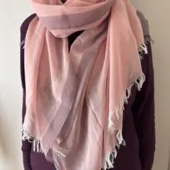 【タイムセール】大判ストール ピンク×グレー バイカラー フリンジ