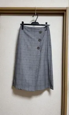 GU グレンチェック柄 ラップ風タイトスカート ミモレ丈 グレー M