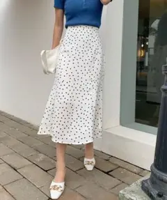 ドット柄 フレアロングスカート 白