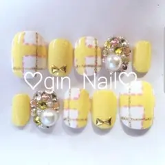 ネイルチップ　オーダー　現品　ワンホン　チェック　ベリーショート　イエロー　黄色