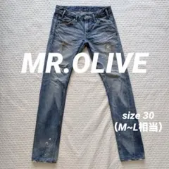 【ミスターオリーブ】 スリムストレート ダメージ リペア ペイント デニム 30のサムネイル