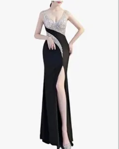 美品◆イブニング/司会/パーティ/舞台/撮影/お仕事◆黒＋シルバースパン◆ロング