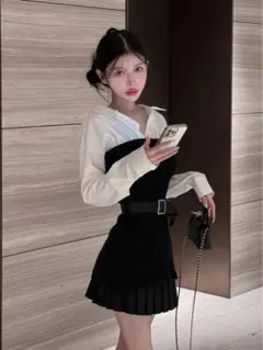 シャツドッキングプリーツニットミニワンピース