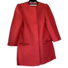 【ZARA】新品！ジャカード パフスリーブ ノーカラー コート 赤 S