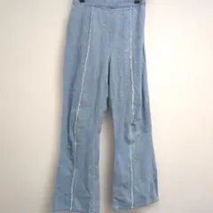 フロントフリンジ デニム パンツ 切り替え ワイドブーツカット 薄手 M 水色