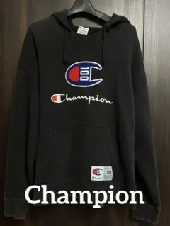 【Champion】ビックロゴ刺繍 後付けパーカー XXL ブラック 古着
