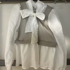 リボン付きレイヤードシャツ グレー ホワイト