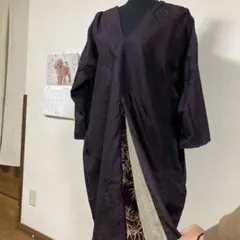 着物リメイク　黒地に紫のゆったり切り替えチュニック　出品今週末まで