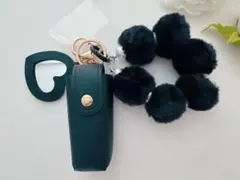 残りわずか！リップケース・ハートミニミラーもふもふチャーム付き ブラック