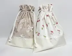 ねことさくらんぼのの巾着袋2点セット ハンドメイド 巾着袋