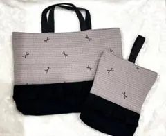 【入園入学】　レッスンバック　上履き入れ 2点セット　ヌビ　リボン　黒　フリル