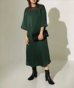 AULI ドレス　ワンピース　お呼ばれ　袖フレア　サテン　グリーン　シースルー
