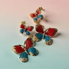 新品◆大ぶり蝶々ピアス　エスニック×古着ミックス　存在感アクセ　ヴィンテージ調