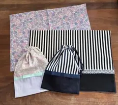 た*ー様 巾着袋　ランチョンマット　４点セット　ストライプ　リボンリバティ柄　な