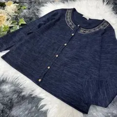 imageisland 襟刺繍　ニットカーディガン　大きいサイズ　3L ネイビー