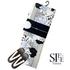 SALE 浴衣ジェンヌ 浴衣5点セット グレー 縞 花柄 ゆかた 半幅帯