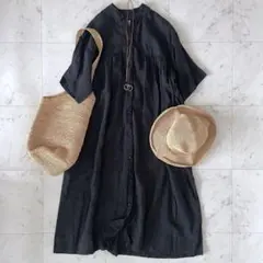 yuni ユニ シャツワンピース リネン100% ギャザー ゆったりめ 黒