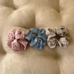 シュシュ3個セットドットピンク水色チェックヘアゴムヘアアクセサリー