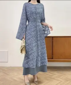 ウエストマーク袖スリットシアージャガードワンピース&キャミ2点セット