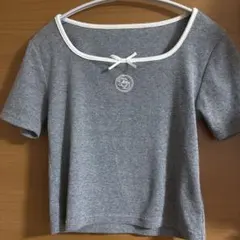 配色リボンロゴ刺繍テレコリブトップス[pm418a]