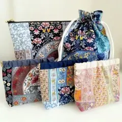 花柄　ポーチ　5点セット　バネポーチ　巾着　ファスナーポーチ　ハンドメイド