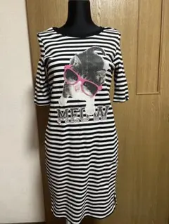 ストライプ 猫プリント 半袖Tシャツ