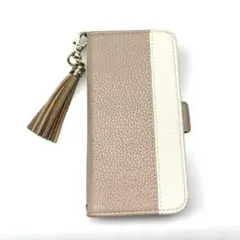 手帳型スマホケース ピンクホワイト タッセル付き iPhone 15