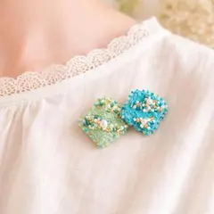 作家さん手作りブローチミントグリーンとターコイズブルー　閉店セール