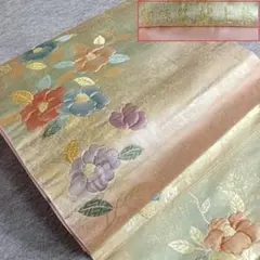 ◆778◆六通柄　袋帯　陶漆箔献上椿　椿模様　和柄　正絹　着物帯　和装
