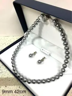 ♦️新品本貝パールネックレスとイヤリング♦天然貝真珠ライトグレー9mm42cm