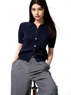 新品 UNIQLO ユニクロ リブポロカーディガン/半袖 ネイビー Mサイズ