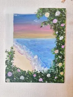 風景画 手描きキャンバスアート 舟形の崖の花畑 キャンバスボード 15×13cm手描き アクリル画 アート