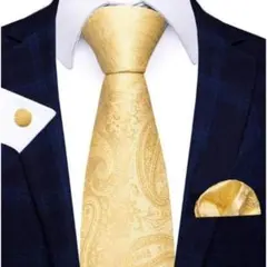 ネクタイ　チーフ　カフス　セット　格安　ペイズリー柄　結婚式　卒業式　ゴールド