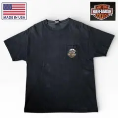 USA製 90S L ハーレーダビッドソン ブラック ポケットTシャツ 黒