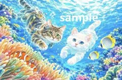 【2Lサイズ】キジトラ猫と白猫の海中散歩 水彩画風 ポストカード