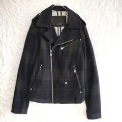 ZARA MAN ダブルライダース メンズジャケット ネイビー チェック ウール