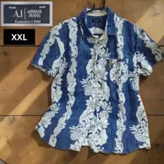 【希少XXL】アルマーニジーンズ アロハシャツ パイナップル柄 紺 チュニジア製のサムネイル