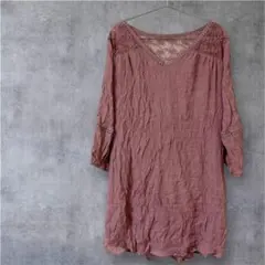 美品✨️ピンク 五分袖 トップス レース付き ロング 体型カバー レディース