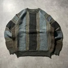 ヴィンテージ グリーン ストライプ マルチカラー 3D ニット セーター