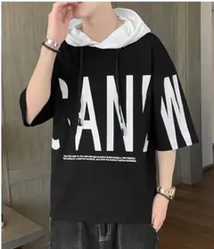 英字プリント おしゃれ パーカーTシャツ 韓国 フード XL 黒 ゆったり