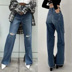 GYDA ジェイダ H/W KNEEダメージスリット ストレートデニムパンツ